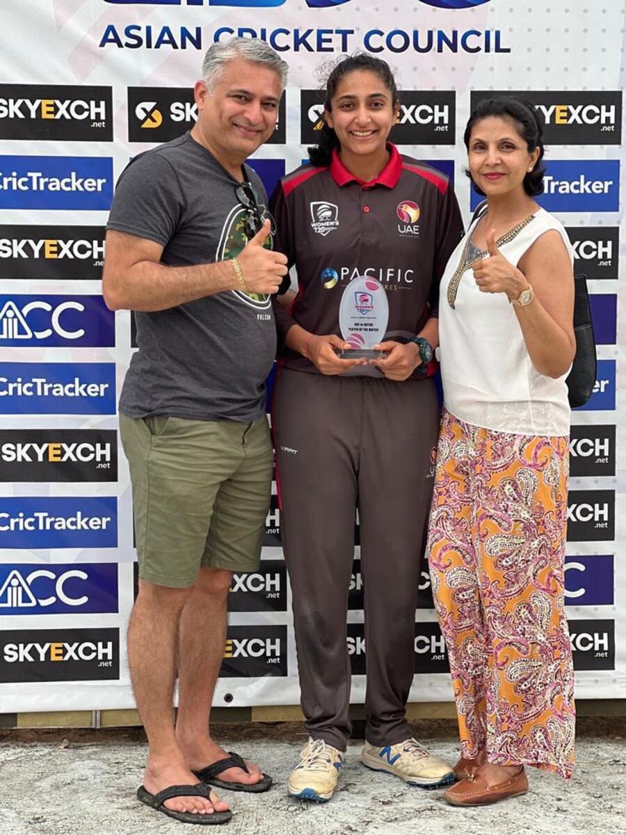 Esha Oza's parents travelled to Malaysia to support her during the Asian Cricket Council Women's T20 Championship. (Supplied photo)