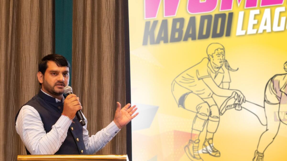 Sunil Kumar, the chairman and founder of Women’s Kabaddi League, at a press conference in Dubai. — Supplied photo