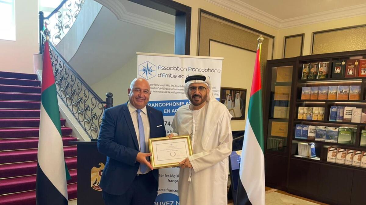 Professor Jamal Sanad Al Suwaidi (R) honoured by The Francophone Association for Friendship and Interdependence. Photo: Supplied