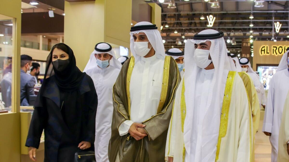Sheikh Khalid bin Abdullah bin Sultan Al Qasimi touring the 48th edition of the Watch and Jewellery Middle East Show on Tuesday. — Supplied photo
