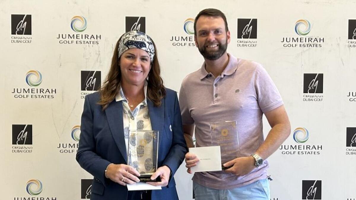 Winners at Jumeirah Golf Estates, Lady Captain Evelyn Downham and Carl Downham.. - Supplied photo.