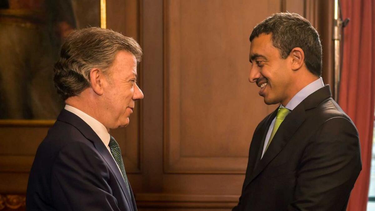 Shaikh Abdullah bin Zayed is greeted by the Colombian President Juan Manuel Santos at the Narino Presidential Palace in Bogota. 