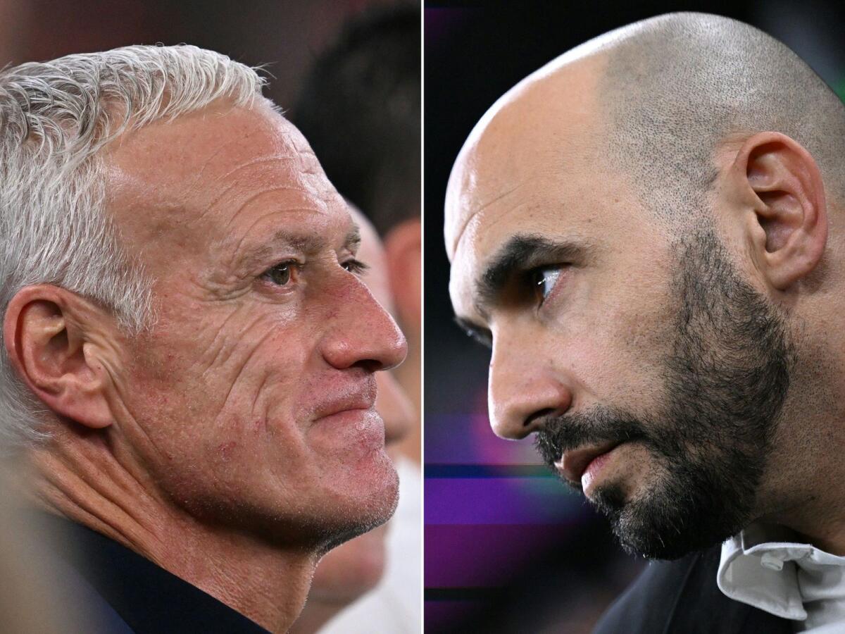 This combination picture created on December 12, 2022 during the Qatar 2022 World Cup football tournament shows France's coach Didier Deschamps (left) in Doha on December 4, 2022 and Morocco's coach Walid Regragui in Doha on December 6, 2022. (Photo: AFP)