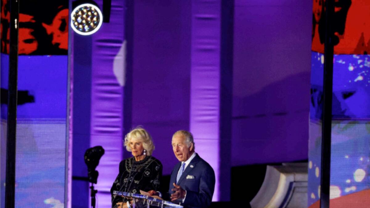 Britain's Prince Charles accompanied by Camilla, Duchess of Cornwall, speaks on the stage during the BBC Platinum Party at the Palace, as part of the Queen's Platinum Jubilee celebrations. — Reuters