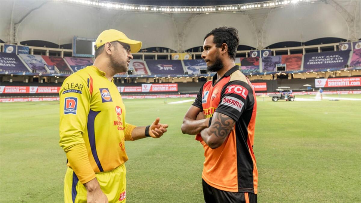 CSK's MS Dhoni and SRH's T Natarajan have a post match chat. — Twitter