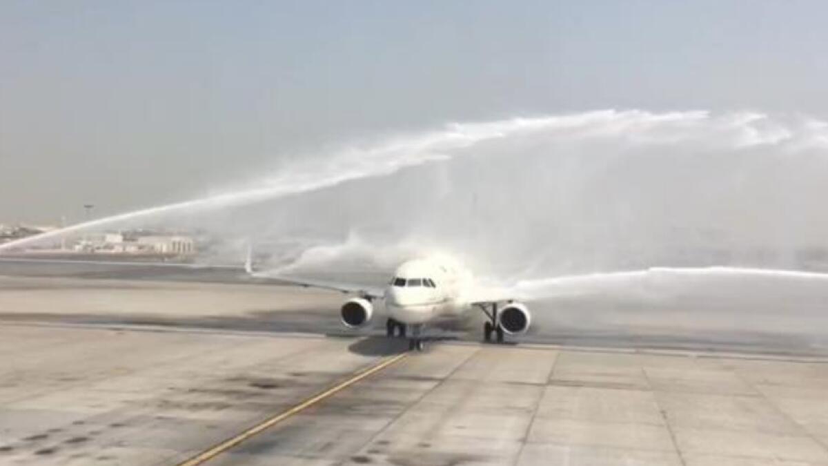 Water cannon salute at Dubai airport goes wrong, plane hatch opens
