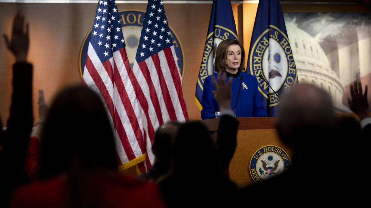 Speaker of the House Nancy Pelosi takes questions during the press conference on Capitol Hill in Washington, DC,. – AFP