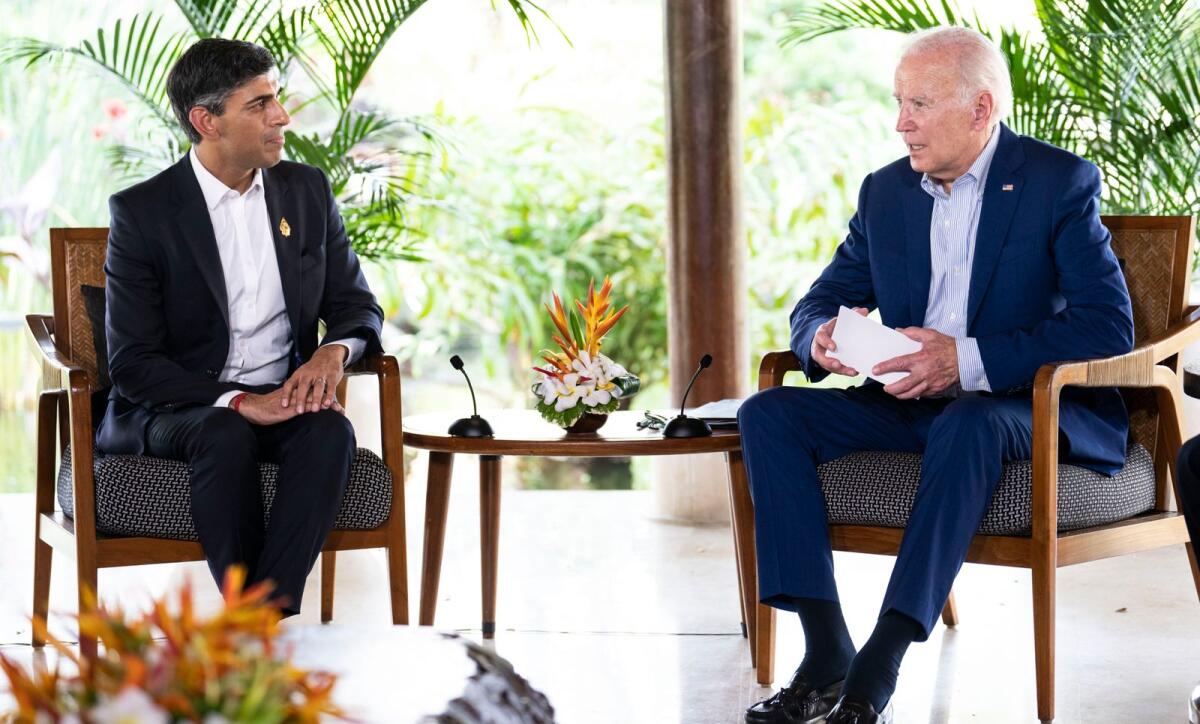 Prime Minister Rishi Sunak of the United Kingdom meets with President Joe Biden in Bali, Indonesia, on November 16, 2022. (Doug Mills/The New York Times)