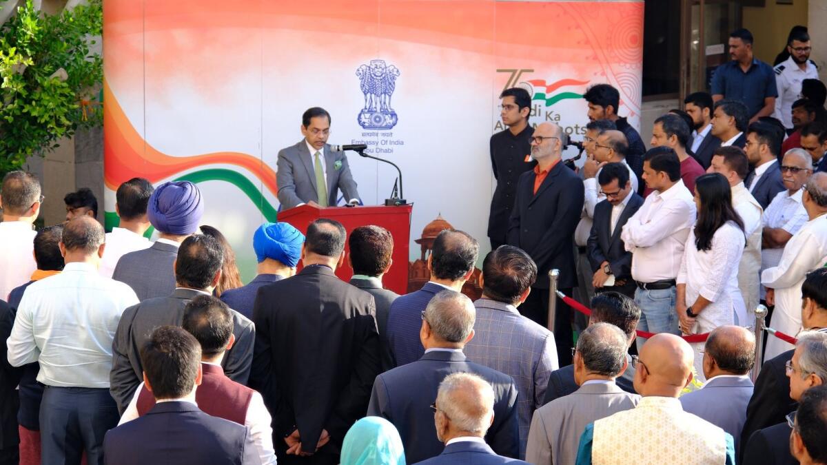 Sunjay Sudhir giving his Republic Day speech at the Indian Embassy in Abu Dhabi on Friday.