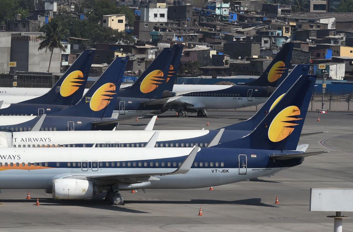 FILE. Grounded planes of Jet Airways are pictured at Chattrapati Shivaji International Airport in Mumbai. Photo: AFP