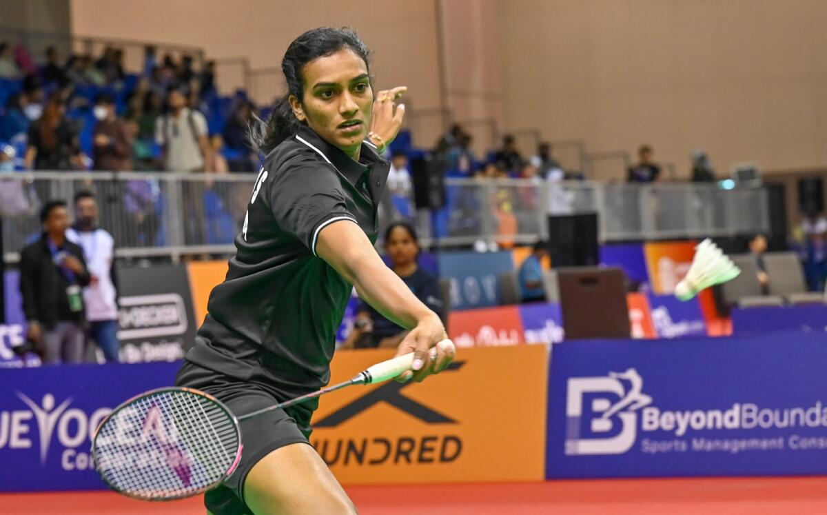 PV Sindhu hits a forehand return during her match on Thursday. — Supplied photo
