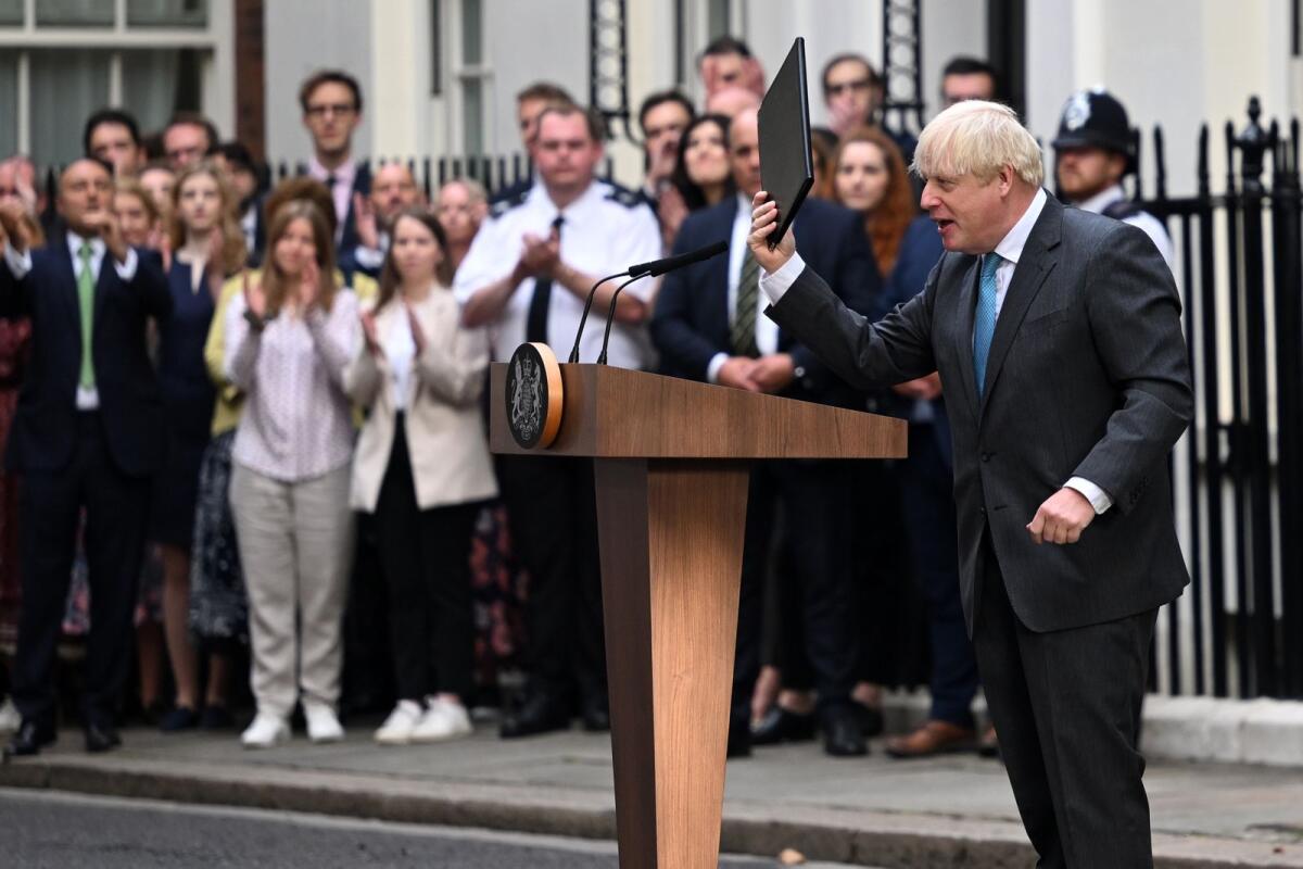 Britain's outgoing Prime Minister Boris Johnson delivers his final speech outside 10 Downing Street in central London on September 6, 2022 (Photo by AFP)