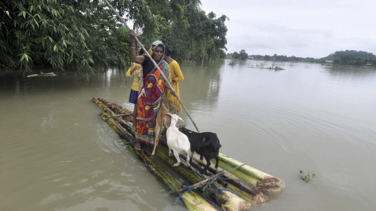 A woman along with her children and livestock rows a makeshift raft on the floodwater following heavy rainfall, in Morigaon district. Photo: PTI