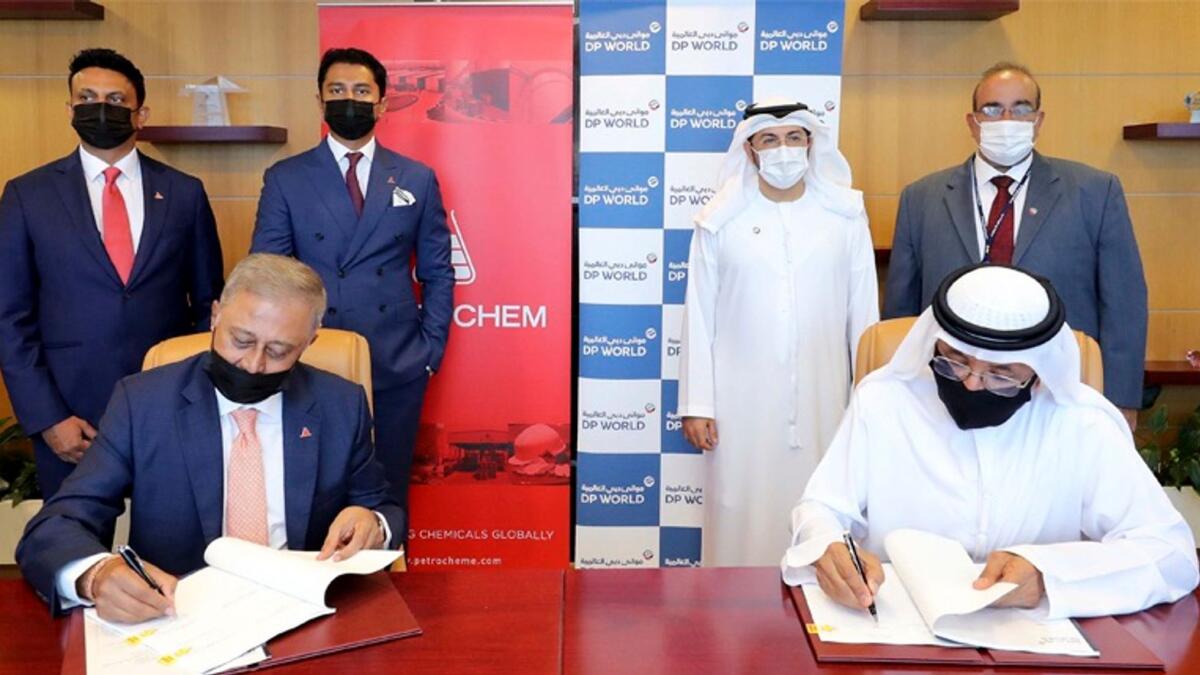 The agreement was signed by Sultan Ahmed Bin Sulayem, Group Chairman and CEO of DP World, and Yogesh Mehta, CEO, Petrochem Middle East. — Supplied photo