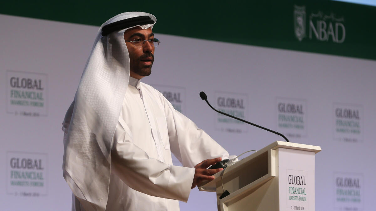  Ahmed Al Sayegh Chairman Abu Dhabi Global Market deliver his message during Global Financial Markets Forum held at Emirates Palace in Abu Dhabi.