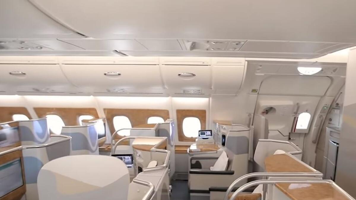 The cleaning process includes a comprehensive wipe down of all surfaces – from windows, tray tables, seatback screens, armrests, seats, in-seat controls, panels, air vents and overhead lockers in the cabin, to lavatories, galleys and crew rest areas.-Screengrab