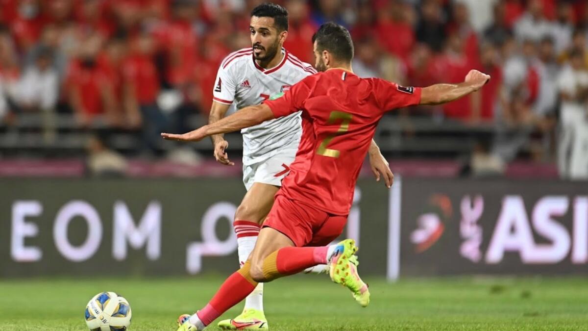UAE’s Ali Mabkhout vies for the ball with a Syrian defender during their World Cup qualifying match. (UAEFA Twitter)