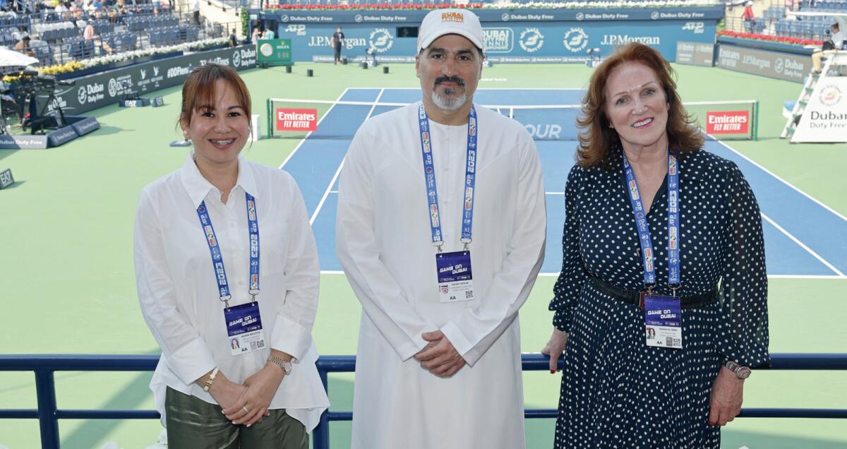 Salah Tahlak, Joint COO of Dubai Duty Free and Tournament Director, with Sinead El Sibai (right), Senior Vice-President, Marketing, DDF, and Jasmin Micoyco (left), Tournament Project Manager. Supplied photos