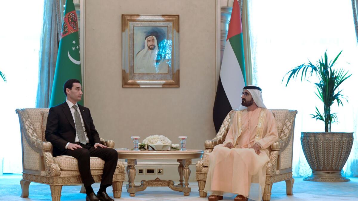 Sheikh Mohammed meets Turkmenistan President Serdar Berdimuhamedov on Monday. — Wam