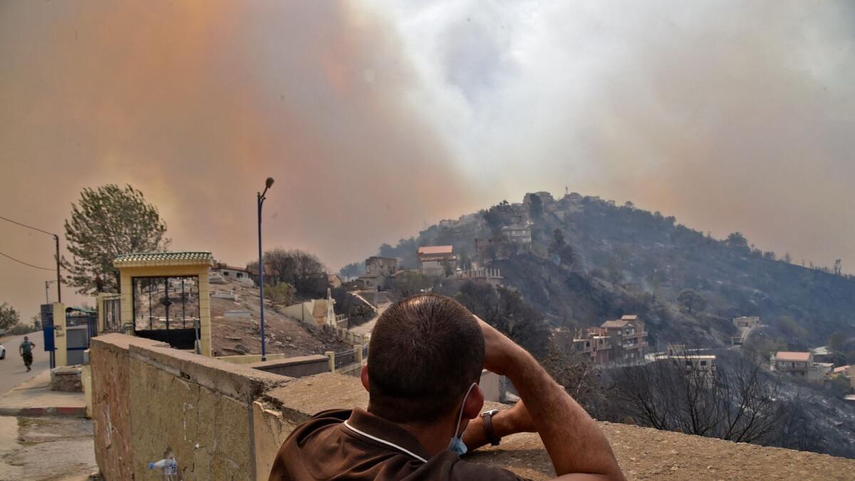 A man looks on as smoke rises from a wildfire in the forested hills of the Kabylie region,  Algiers. Photo: AFP
