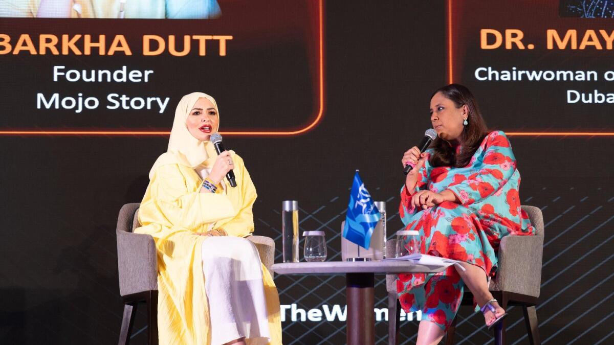 Barkha Dutt , founder Mojo Story and Dr Maya Hawary, Chairwomen of the board of Governors at Dubai Carmel School adrresses at the We The Women’s inaugural UAE edition powered by Khaleej Times in Dubai on Thursday. Photo by Shihab