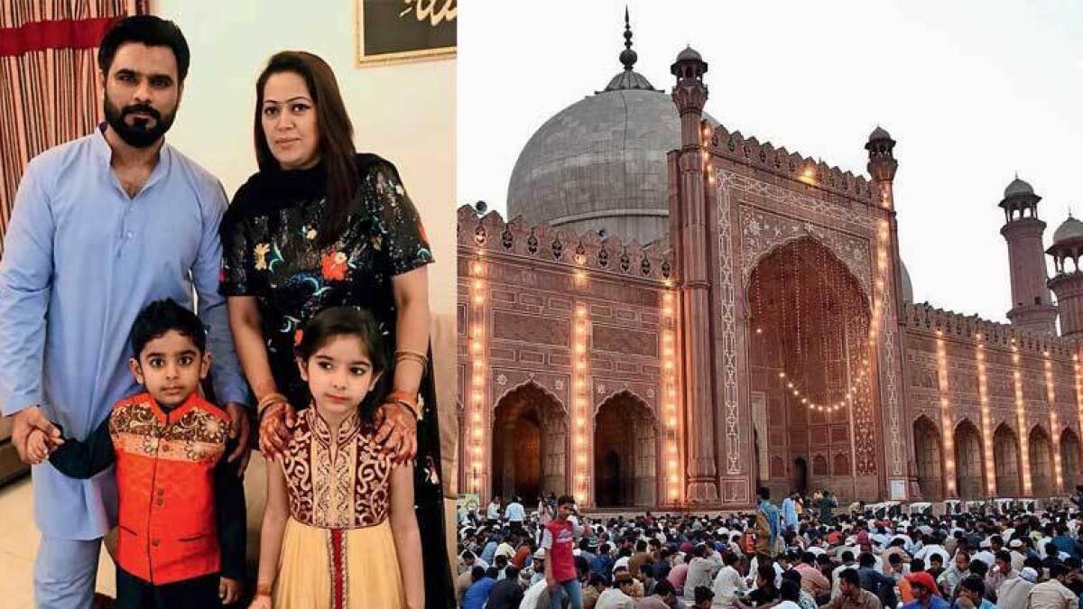 Syeda Saeeda with husband and kids — Ashar and Aiza (left) and Faithful awaiting Maghrib call for prayer at the Badshahi Mosque in Lahore, Pakistan. — APP (right)