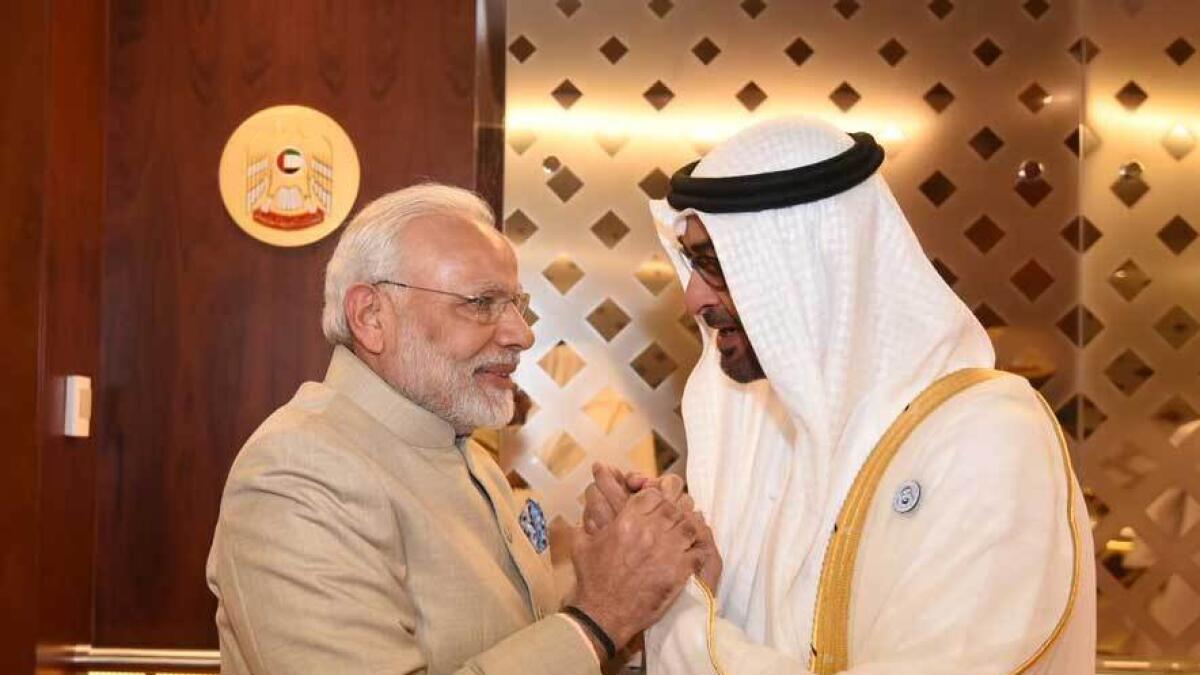 India’s Prime Minister Narendra Modi with Sheikh Mohamed bin Zayed Al Nahyan.- @narendramodi/Twitter