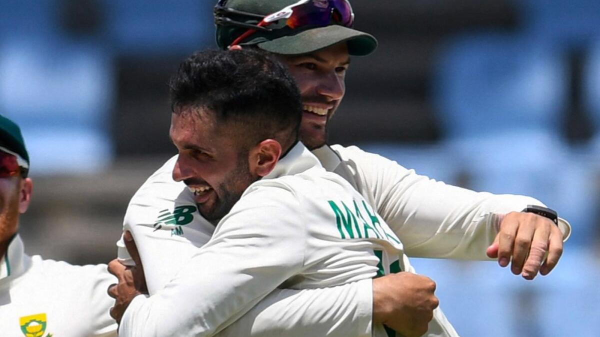 Keshav Maharaj (right) took his seventh career five-wicket haul in Test cricket. (Cricket South Africa Twitter)