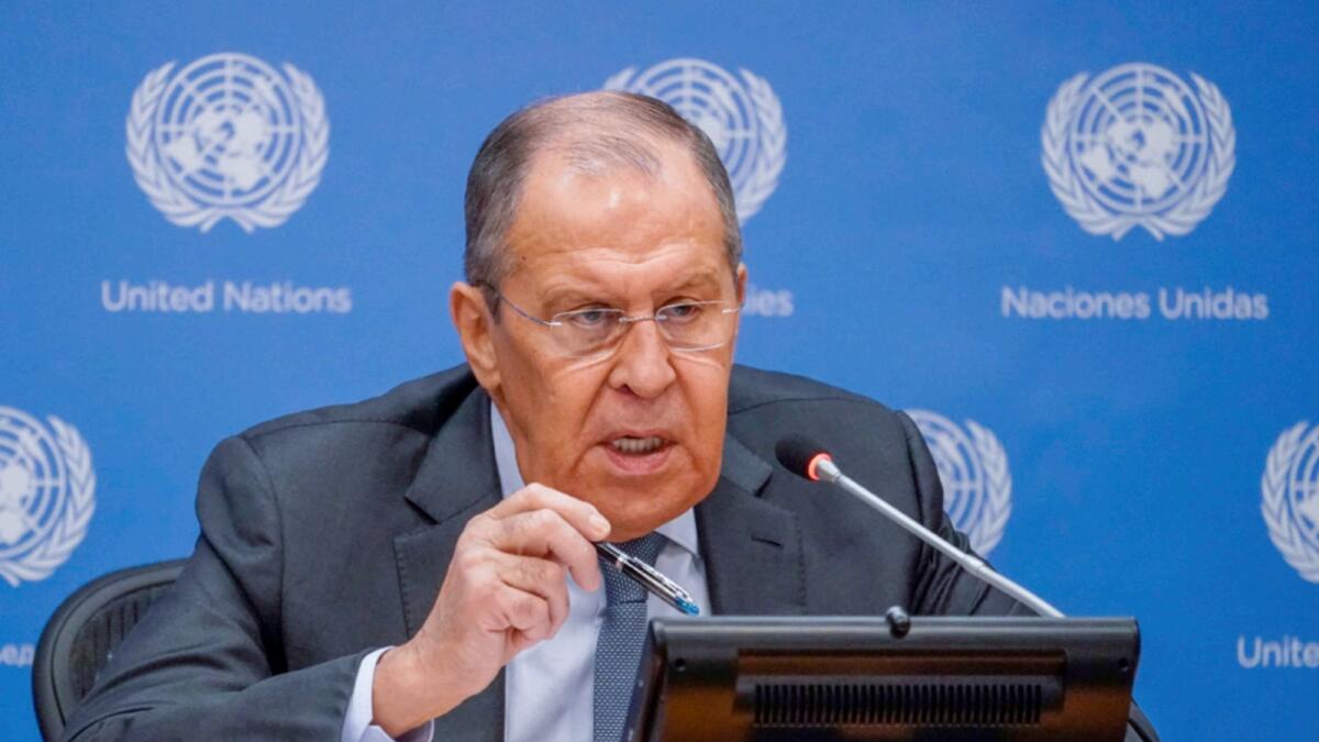Russian Foreign Minister Sergey Lavrov speaks to reporters during a news conference during 76th session of the United Nations General Assembly. — AP