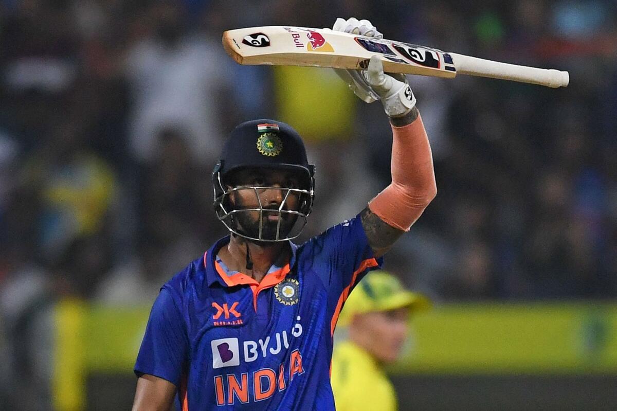 India's KL Rahul celebrates after scoring a half-century during the first ODI against Australia at the Wankhede Stadium in Mumbai on Friday. — AFP