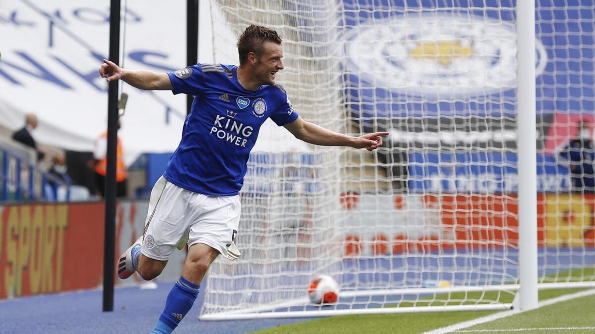 Leicester City's Jamie Vardy celebrates scoring their third goal. - Reuters
