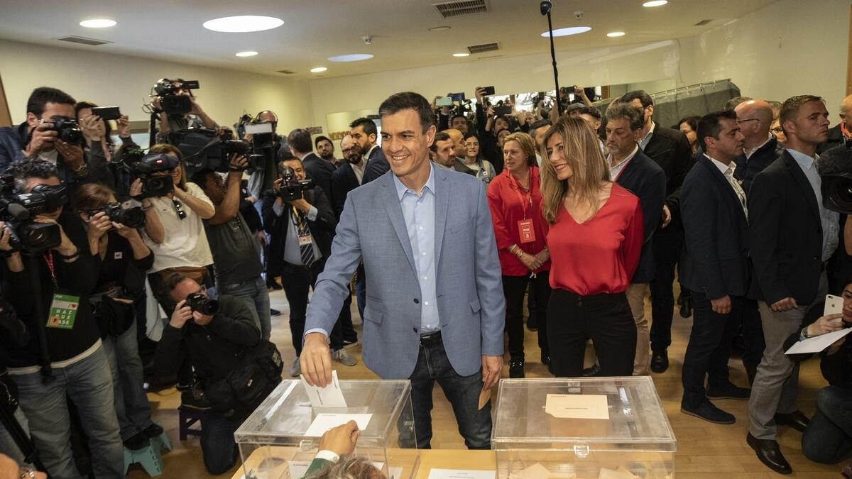 Spanish Prime Minister and Socialist Party candidate Pedro Sanchez casts his vote inside a polling station during Spains general election in Pozuelo de Alarcon, outskirts of Madrid.-AP