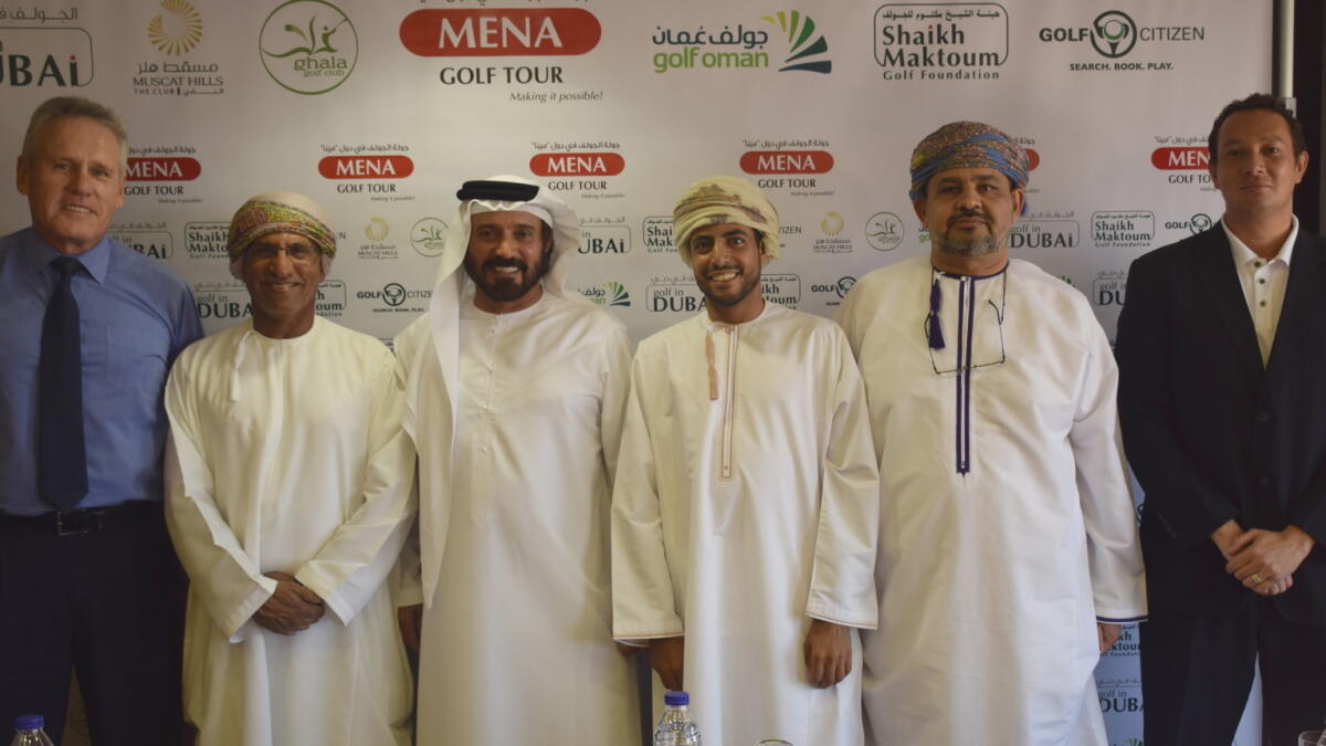 Mundhir Al Barwani, chairman of Oman Golf Committee; Mohamed Juma Buamaim, chairman of the Mena Golf Tour, and leading Omani golfer Azaan Al Rumhy at the Press conference in Muscat on Sunday. 