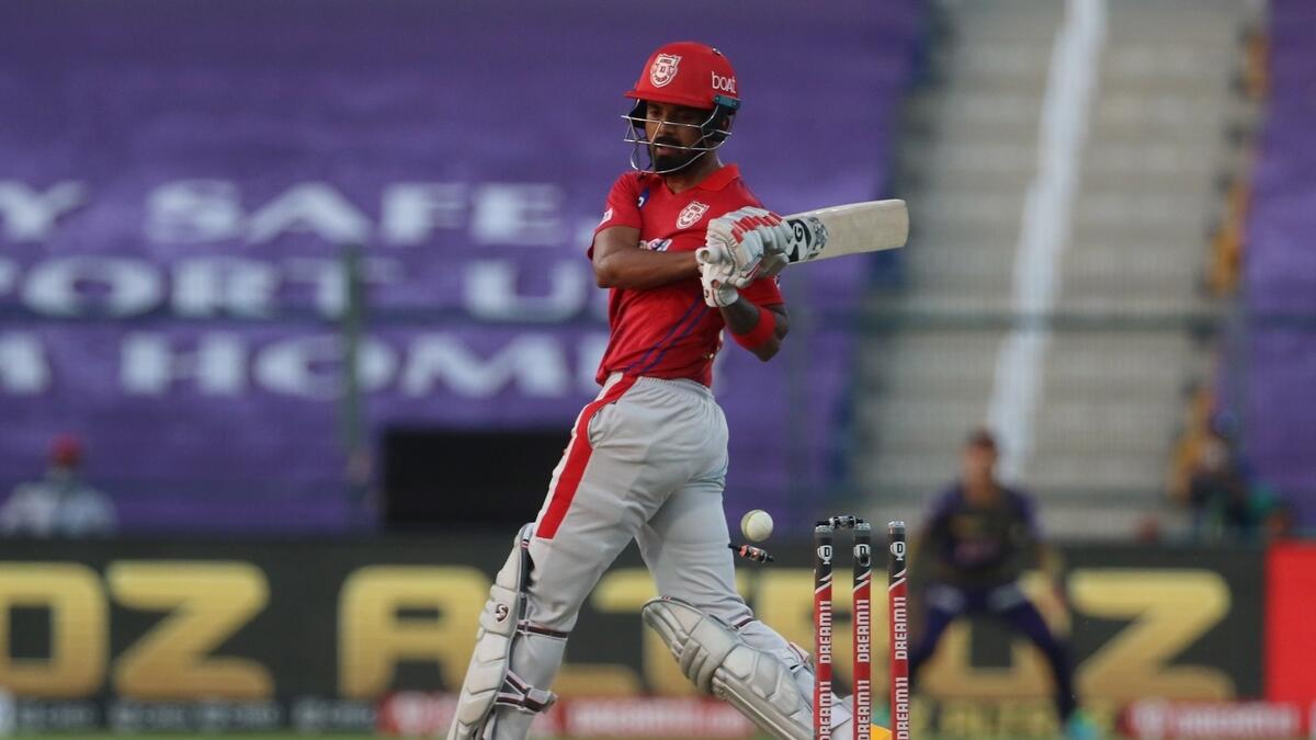 KL Rahul captain of Kings XI Punjab is bowled during the Dream 11 IPL match against the Kolkata Knight Riders. - IPL
