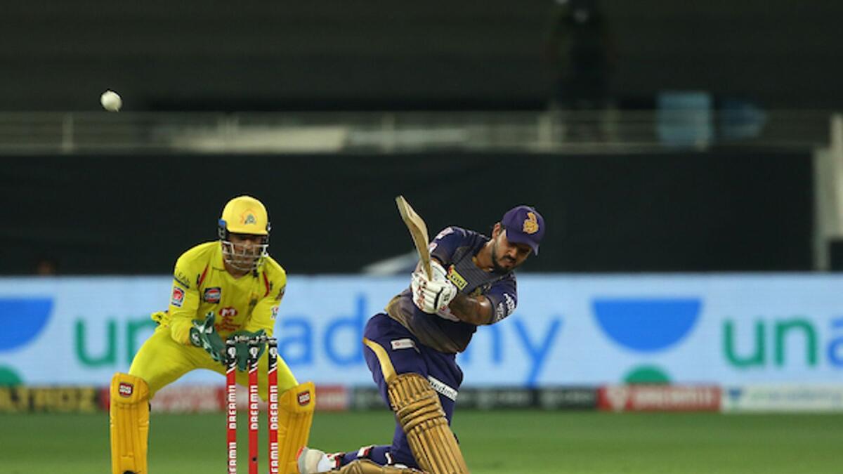 Nitish Rana of the Kolkata Knight Riders plays a shot against the Chennai Super Kings in Dubai on Thursday night. — BCCI/IPL