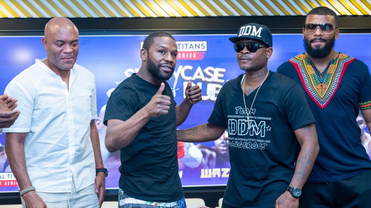 (From left) Anderson Silva, Floyd Mayweather, Don Moore and Badou Jack during a press conference in Dubai on Wednesday. (Photo by Shihab)