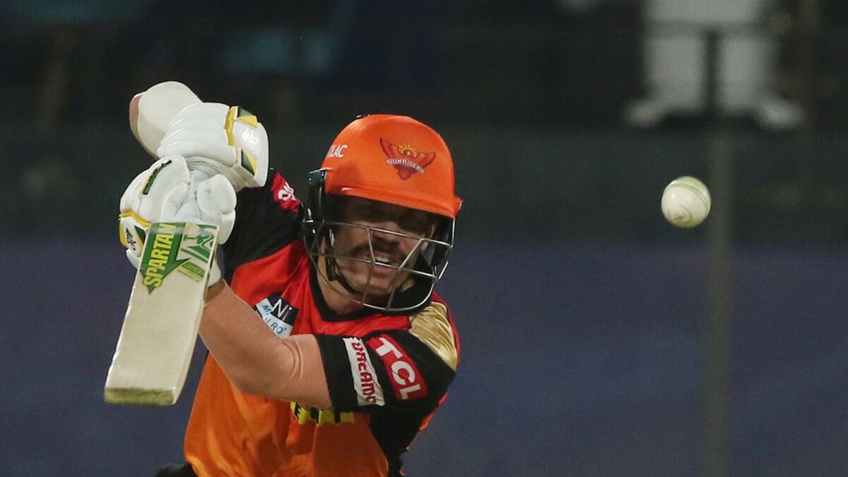 Sunrisers Hyderabad's David Warner plays a shot against the Chennai Super Kings in New Delhi on Wednesday night. — BCCI/IPL