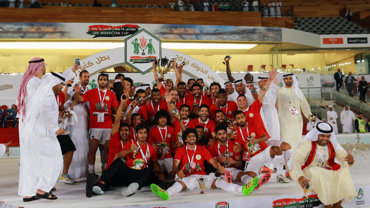 SP290516-NB- Al Jazira Celebrating the Cup during their President Cup football final Al Jazira Vs Al Ain at Zayed Sports City.- Abu Dhabi- K. Photo By Nezar Balout