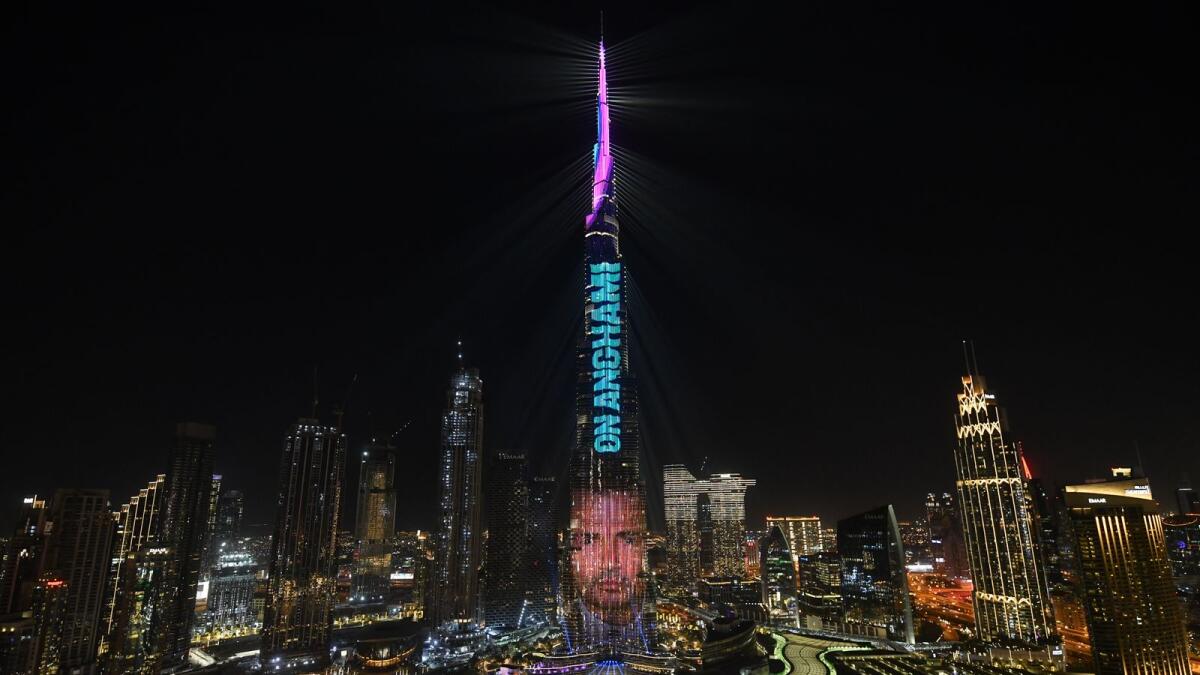 Spectacular projection of new logo with Anghami’s new partner global megastar Amr Diab lights up the Burj Khalifa in celebration of new positioning, visual identity and creative campaign. — Supplied photo