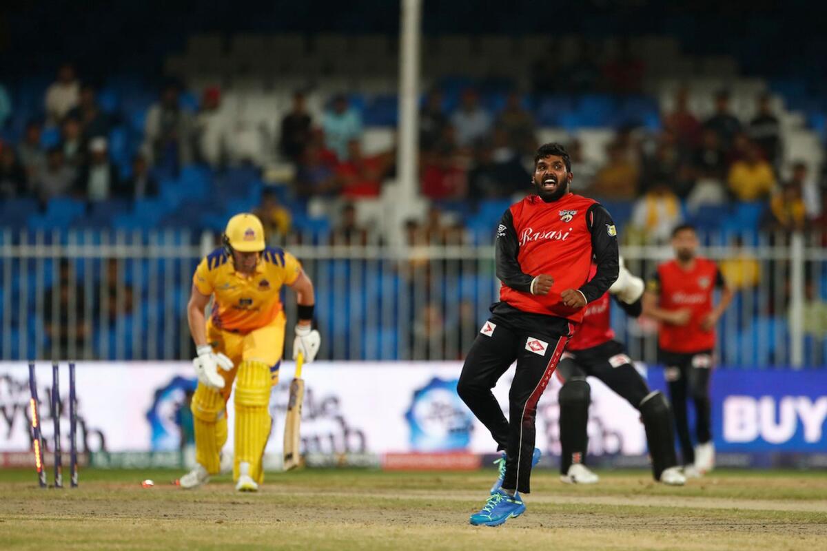 Wanindu Hasaranga of Desert Vipers celebrates a wicket against the Sharjah Warriors at the Sharjah Cricket Stadium on Tuesday. — Supplied photo