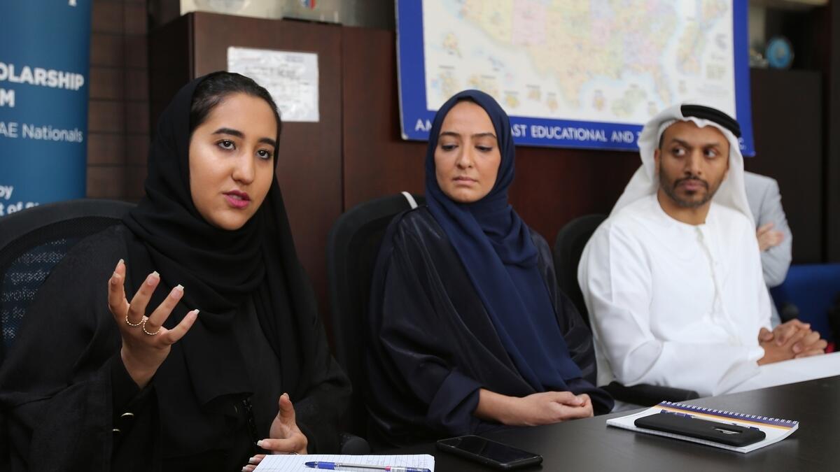 From left -Amal Badri, Umeimah Abdul Aziz, Omar Al Busaidy Emiratis fullbright scholarship alumnus speak during press roundtable in Abu Dhabi.-Photo by Ryan Lim