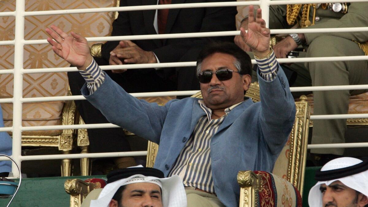 Pervez Musharraf attends a cricket match between India and Pakistan at the Zayed Cricket Stadium in Abu Dhabi on April 18, 2006. (Photo: AFP)