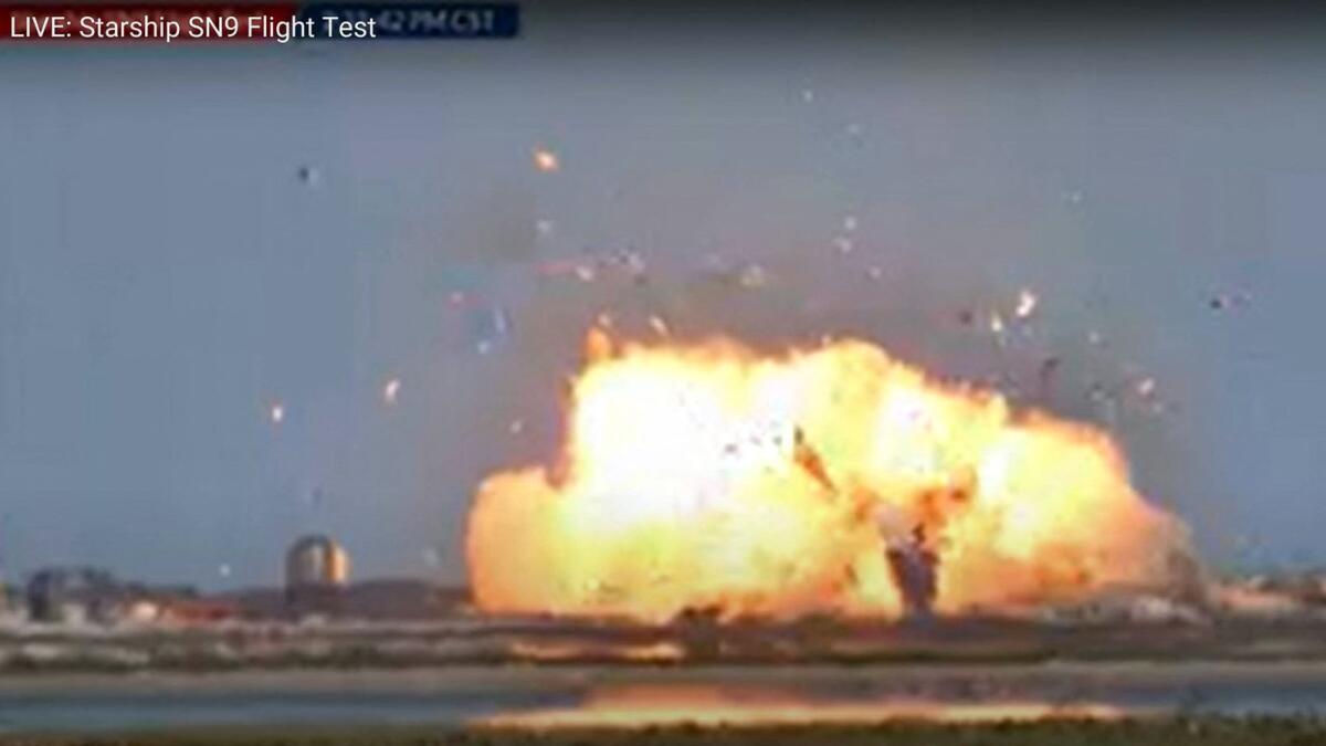 This still image taken from a Space X video shows the Starship SN9 exploding on landing during an earlier test flight. Photo: AFP
