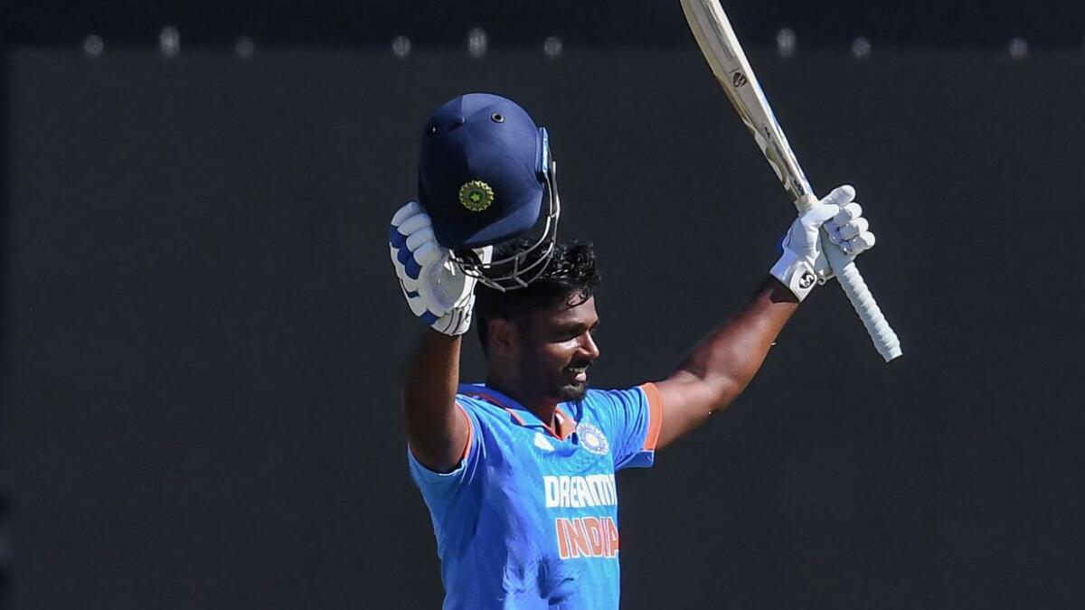 India's Sanju Samson celebrates his century during the third one-day international against South Africa on December 21, - AFP