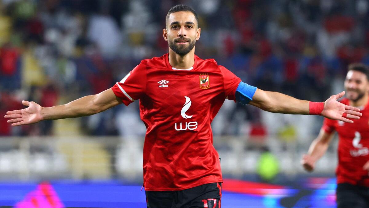 Al Ahly's Amr El Solia celebrates after scoring the fourth goal against Al Hilal on Saturday night. — AFP
