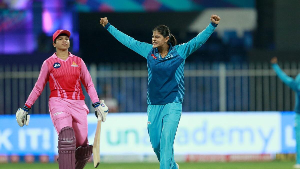 Radha Yadav of Supernovas celebrates after taking the wicket of Deepti Sharma of Trailblazers. (IPL)