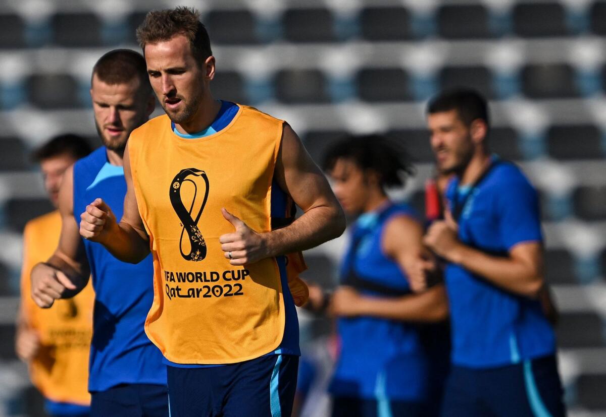 England's Harry Kane takes part in a training session at Al Wakrah SC Stadium in Doha on Thursday. — AFP