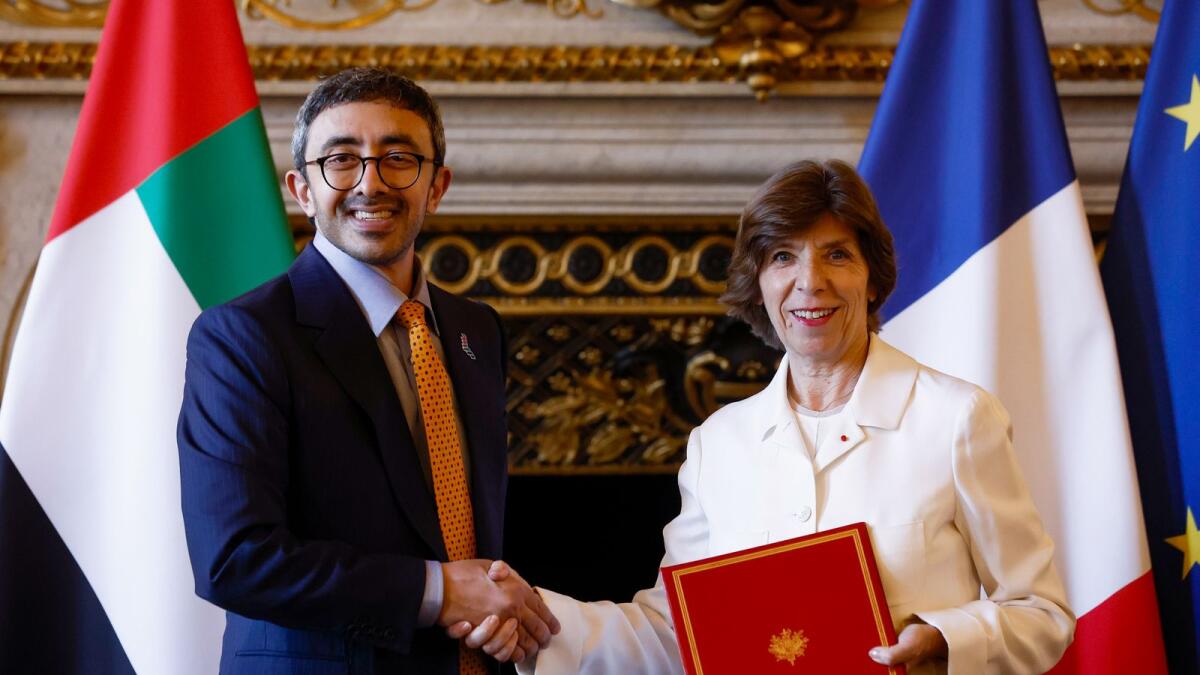 UAE Foreign Minister Sheikh Abdullah bin Zayed bin Sultan al-Nahyan (L) and French Foreign and European Affairs Minister Catherine Colonna. Photo: AFP