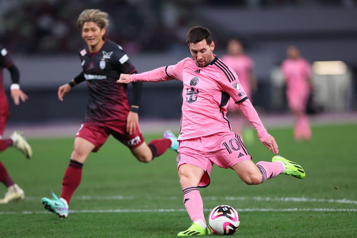 Inter Miami CF forward Lionel Messi (10) shoots against Vissel Kobe during the second half of a preseason friendly at Japan National Stadium. - USA TODAY Sports