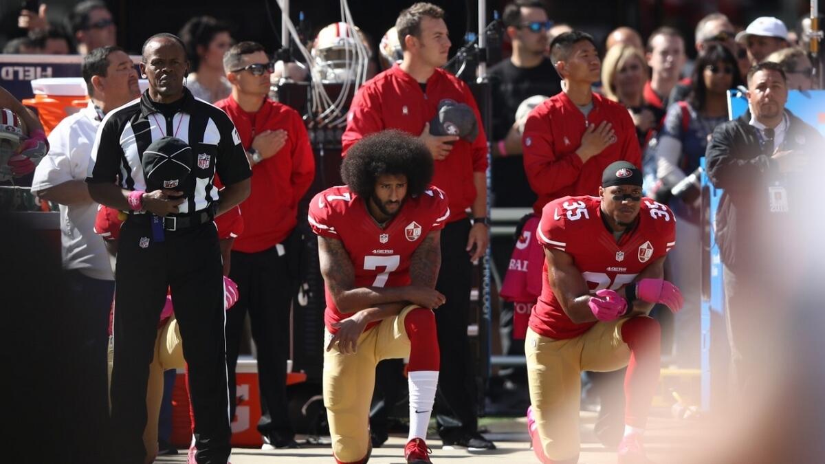 Kyle  Kaepernick protested police brutality and racism during the 2016 season with the 49ers by taking a knee during the national anthem